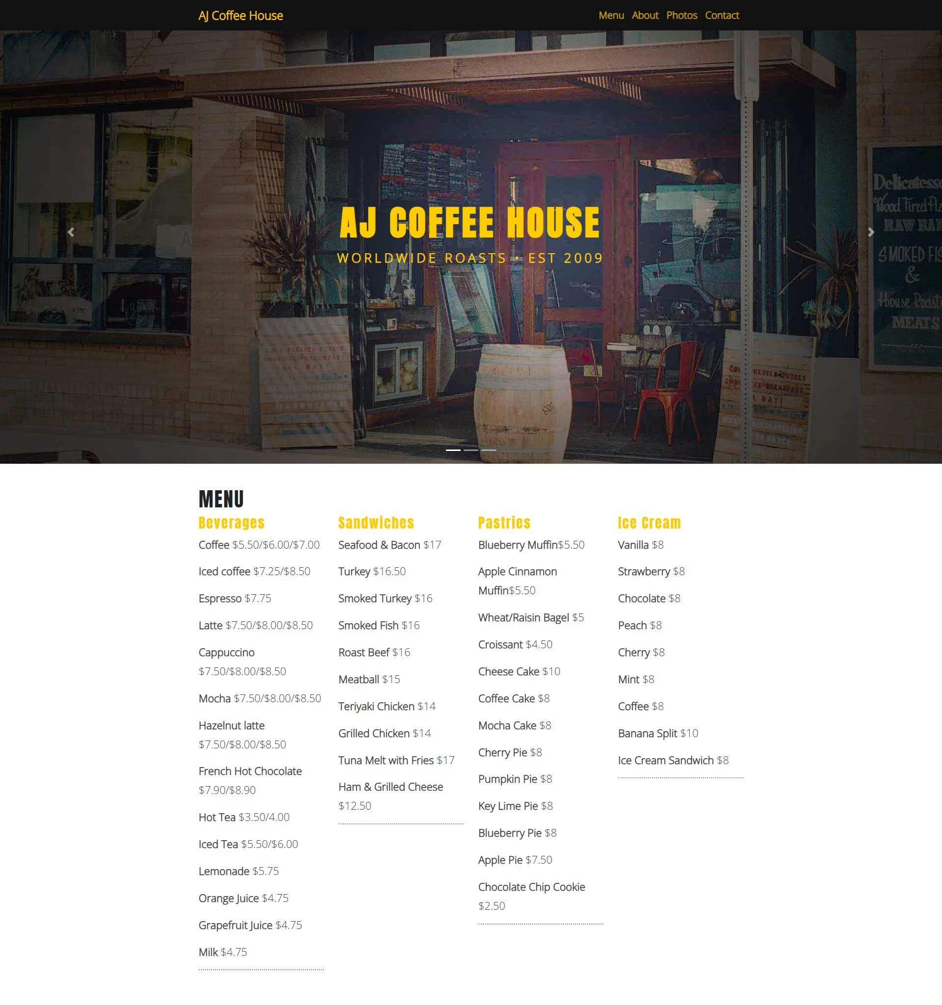 AJ Coffee House Website full Screen Part 1